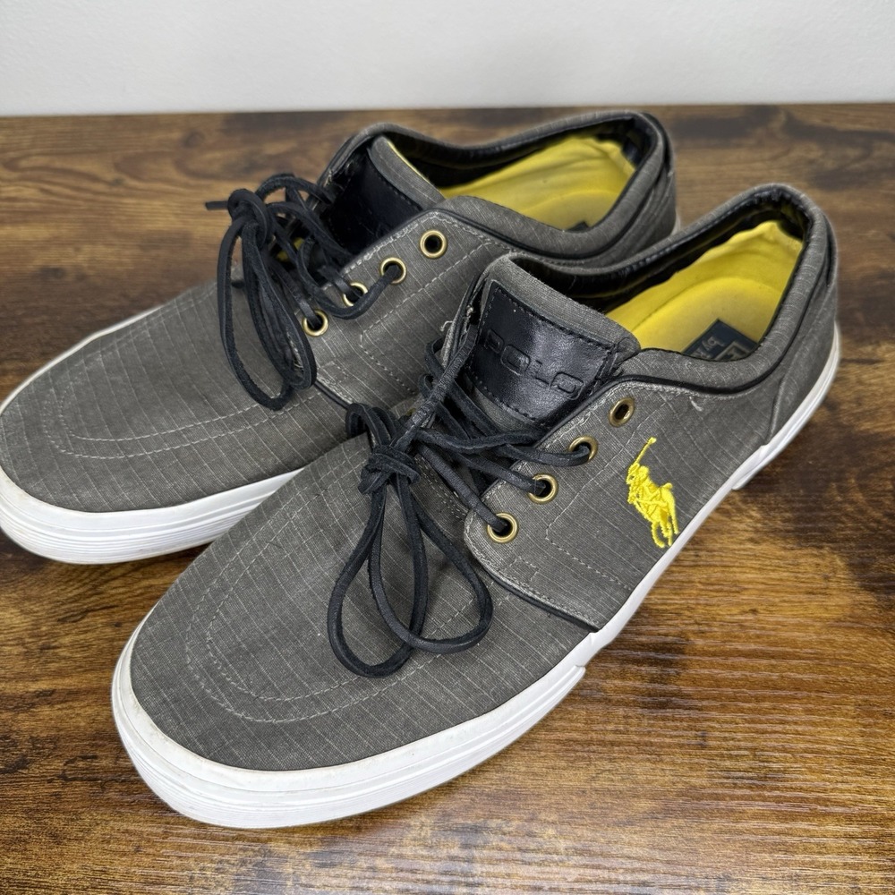 Polo Ralph Lauren Faxon Low Mens 12D Gray Ripstop Canvas Yellow Sneakers